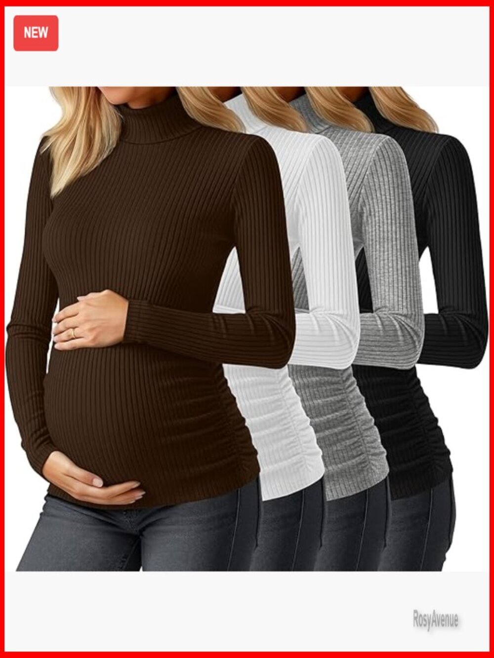 Maternity Turtleneck Tees 4-Pack Ribbed Long Sleeve Side Ruched Tops